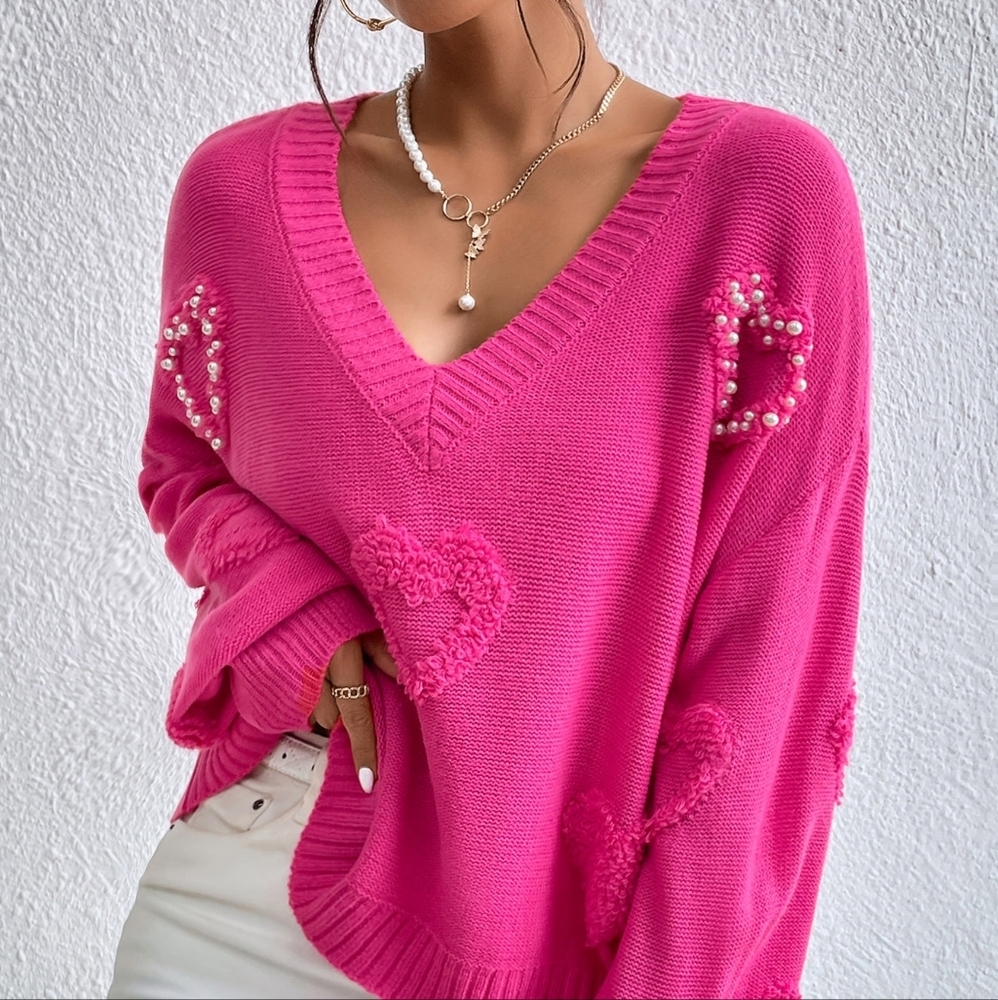 Pearls Heart Detail V-neck Drop Shoulder Sweater - Picture 3 of 5